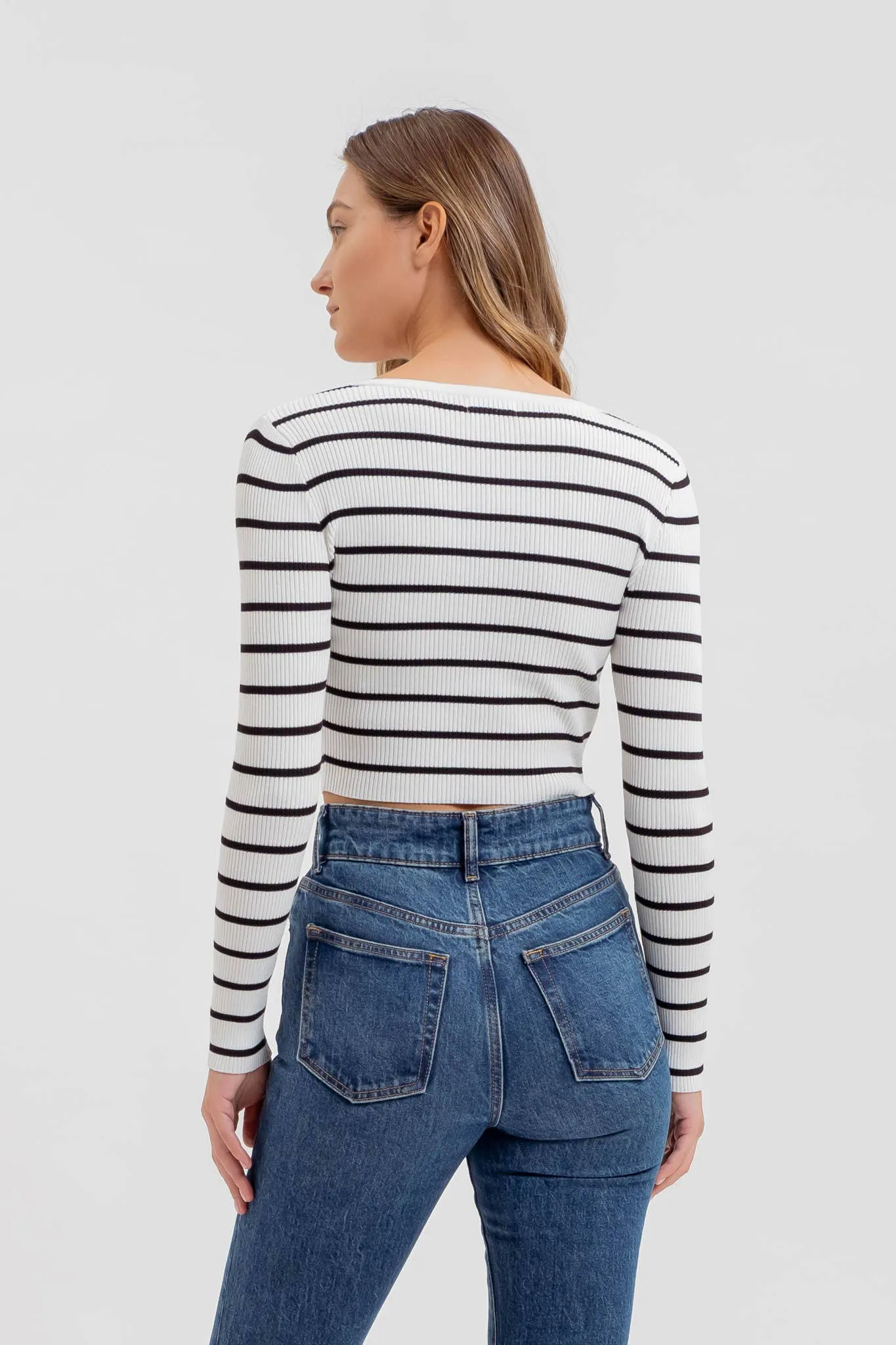 STRIPE HENLEY LONG SLEEVE SWEATER KNIT CROP TOP