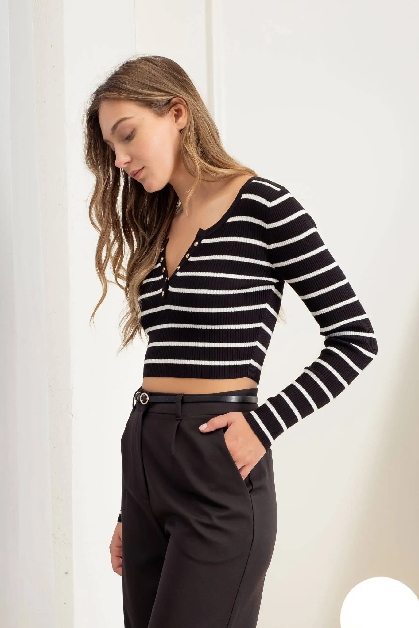 STRIPE HENLEY LONG SLEEVE SWEATER KNIT CROP TOP