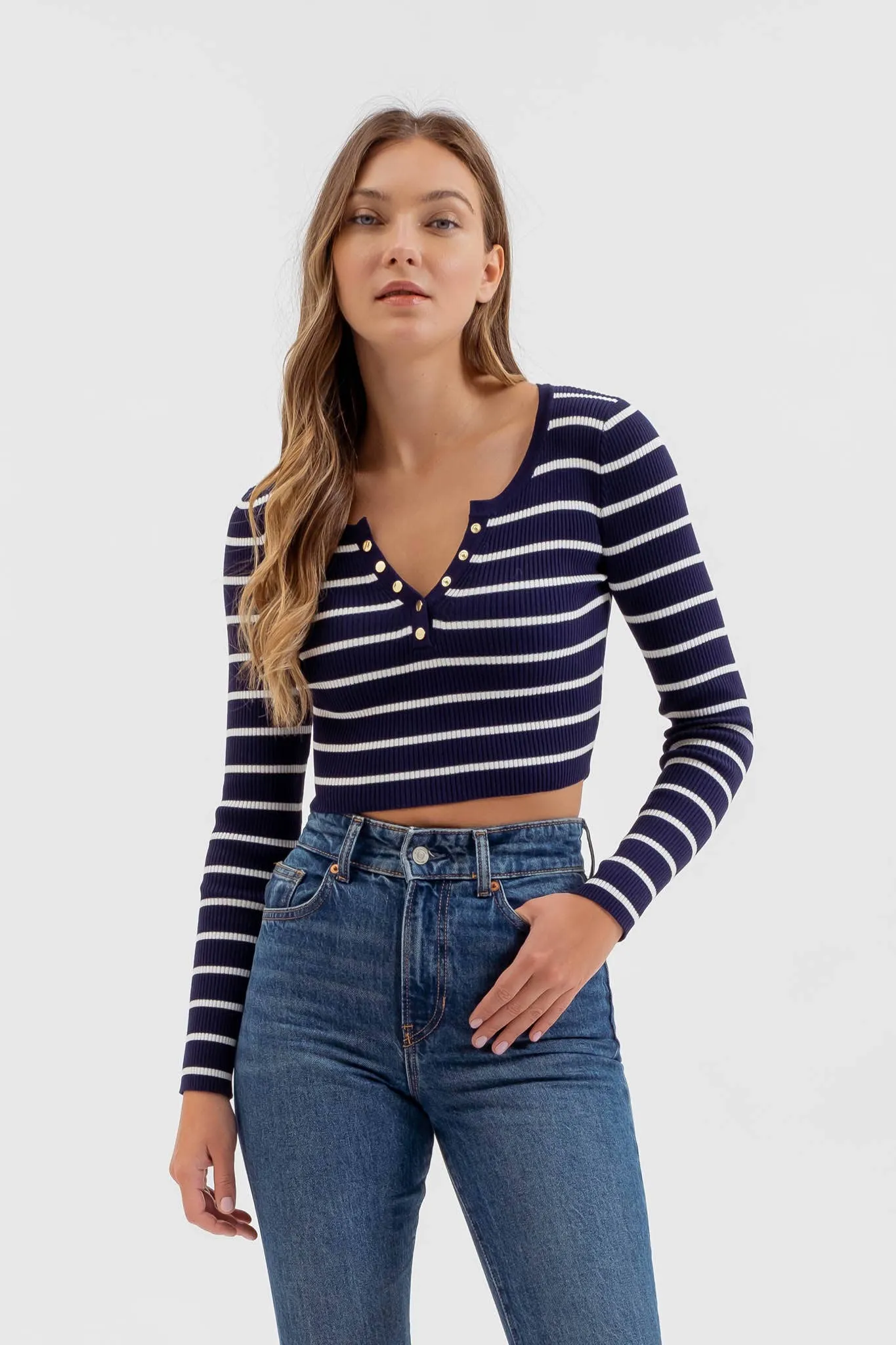 STRIPE HENLEY LONG SLEEVE SWEATER KNIT CROP TOP