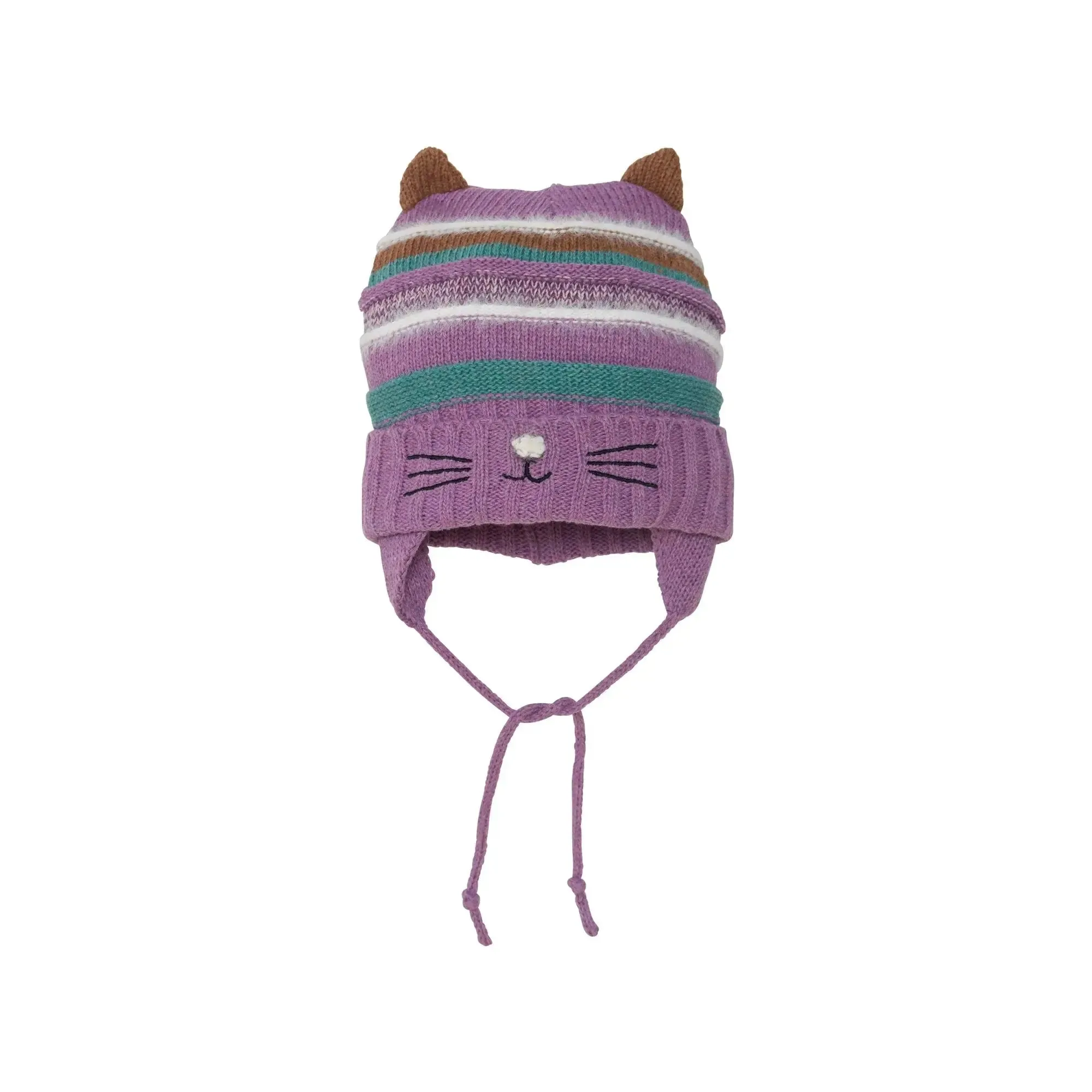 Striped Earflap Knit Hat Purple, Green, Brown And White | DEUX PAR DEUX