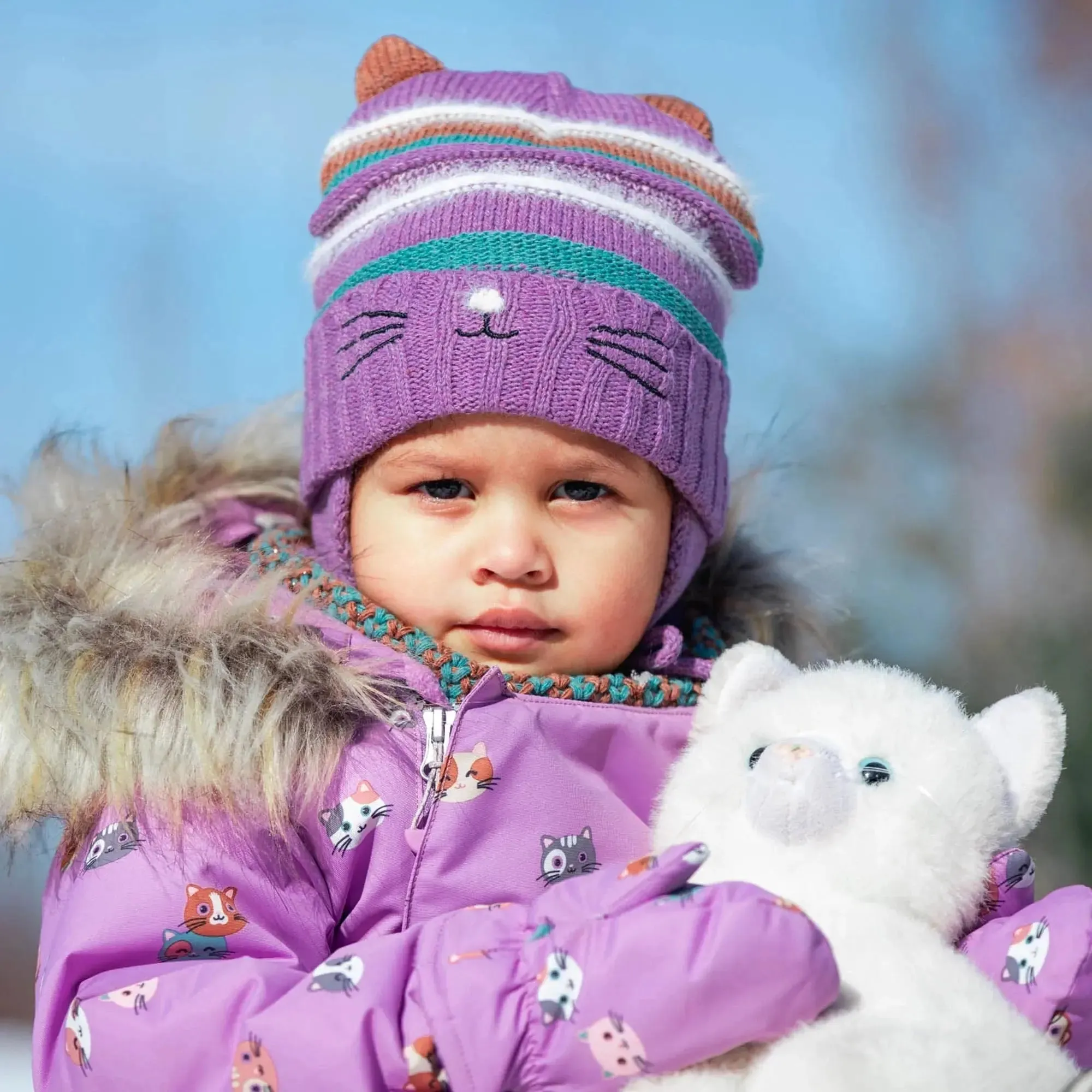 Striped Earflap Knit Hat Purple, Green, Brown And White | DEUX PAR DEUX