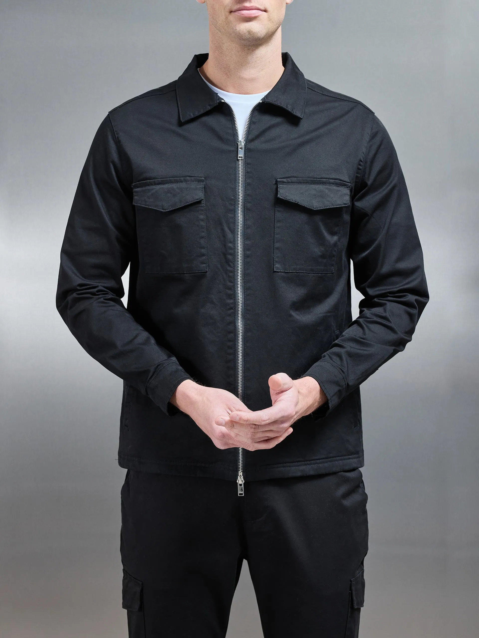 Tailored Cotton Cargo Jacket in Black