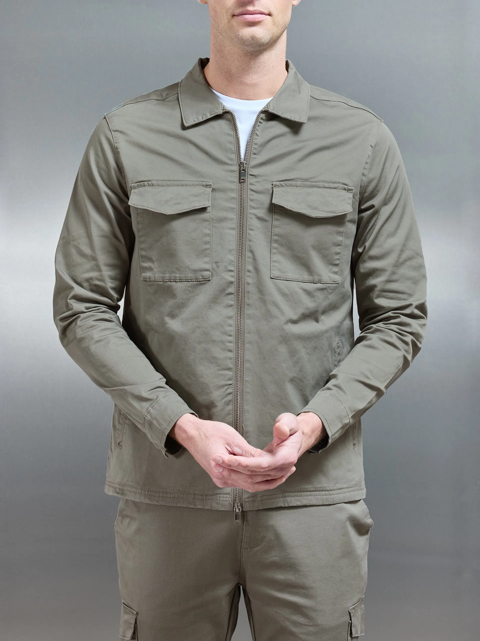 Tailored Cotton Cargo Jacket in Olive