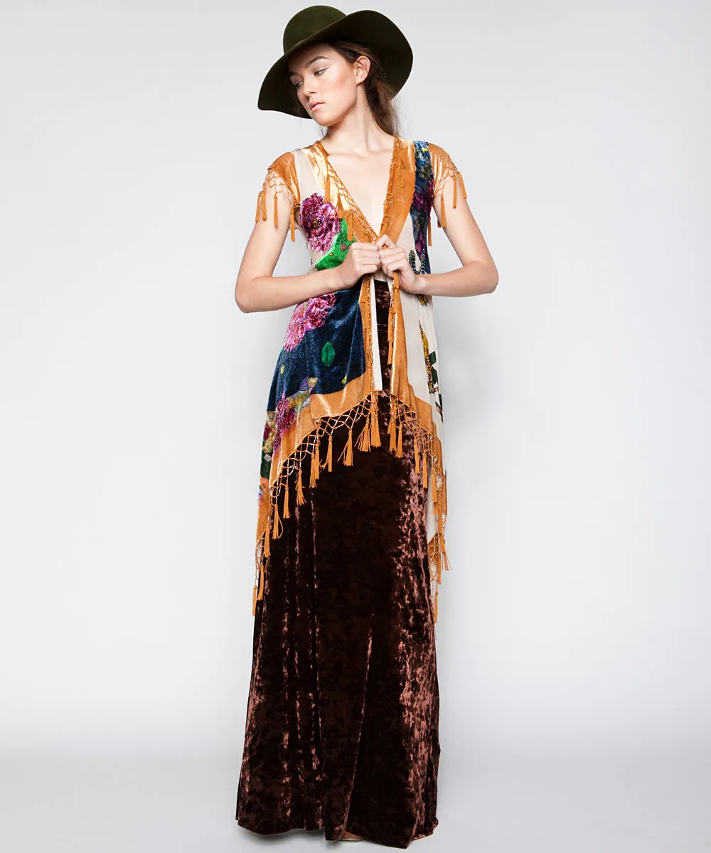 THE ARABELLA VELVET MAXI SKIRT IN CHESTNUT