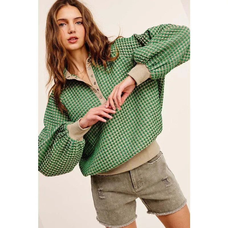 The Billie Two-Tone Textured Lantern Sleeve Top In Green Or Black