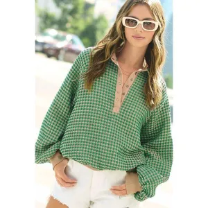 The Billie Two-Tone Textured Lantern Sleeve Top In Green Or Black