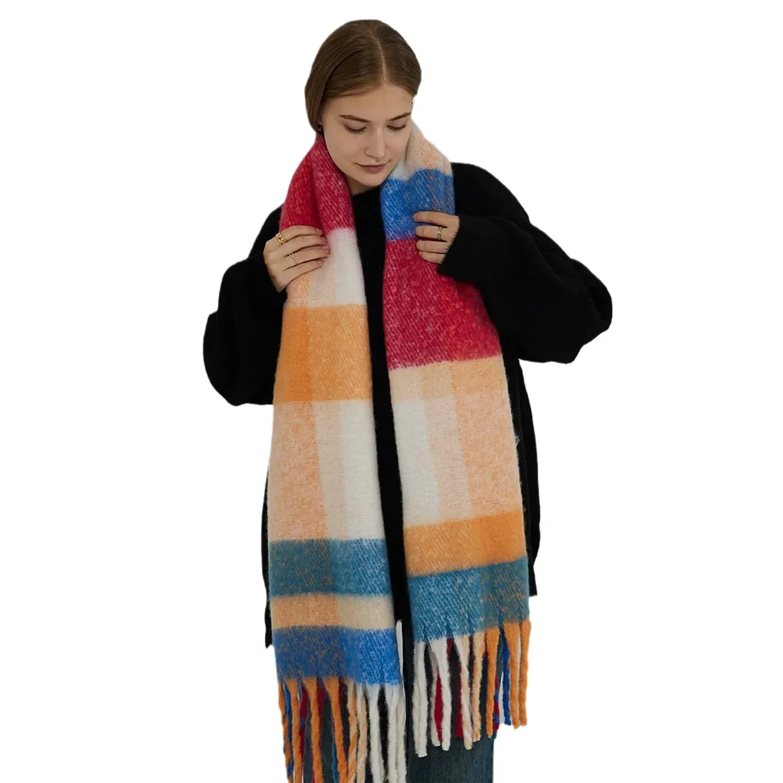 Thick Warm Tassel Contrast Color Scarf for Autumn/Winter