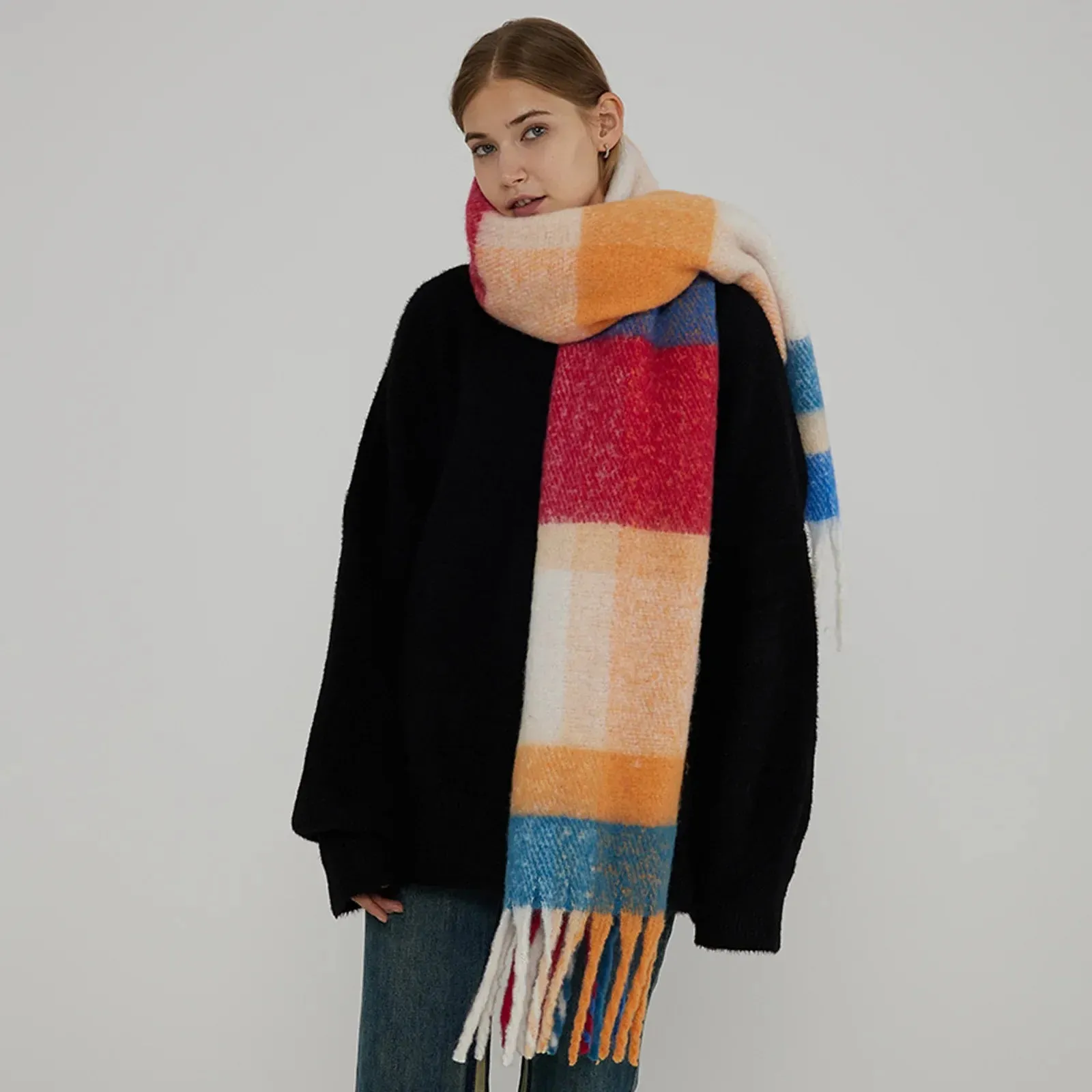 Thick Warm Tassel Contrast Color Scarf for Autumn/Winter