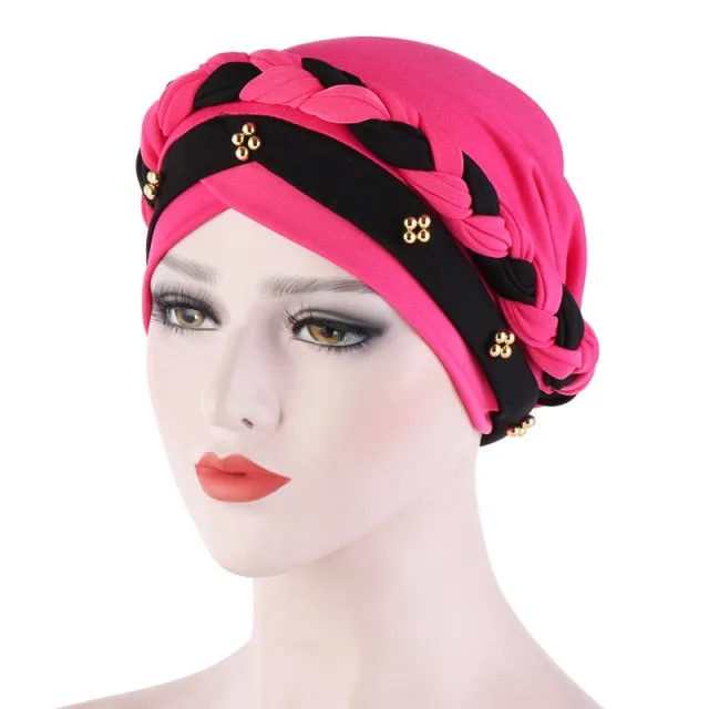 Two-Color Beaded Braid Hijab Caps Turbans