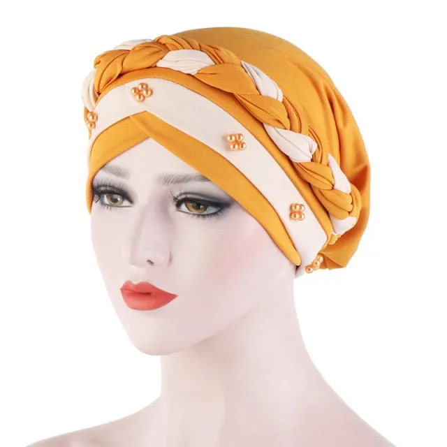 Two-Color Beaded Braid Hijab Caps Turbans