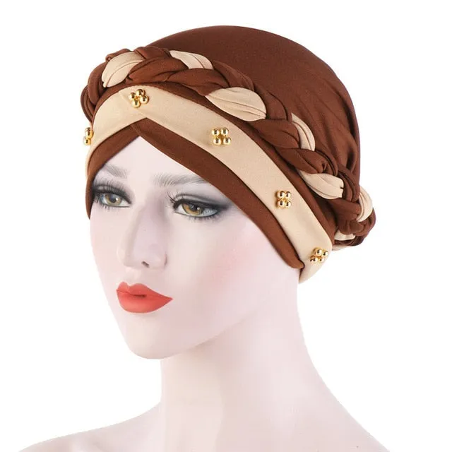 Two-Color Beaded Braid Hijab Caps Turbans