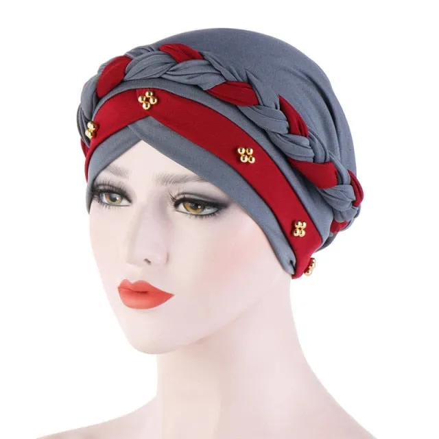 Two-Color Beaded Braid Hijab Caps Turbans