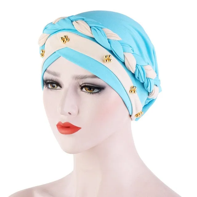 Two-Color Beaded Braid Hijab Caps Turbans