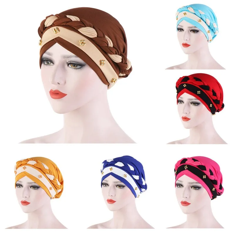 Two-Color Beaded Braid Hijab Caps Turbans