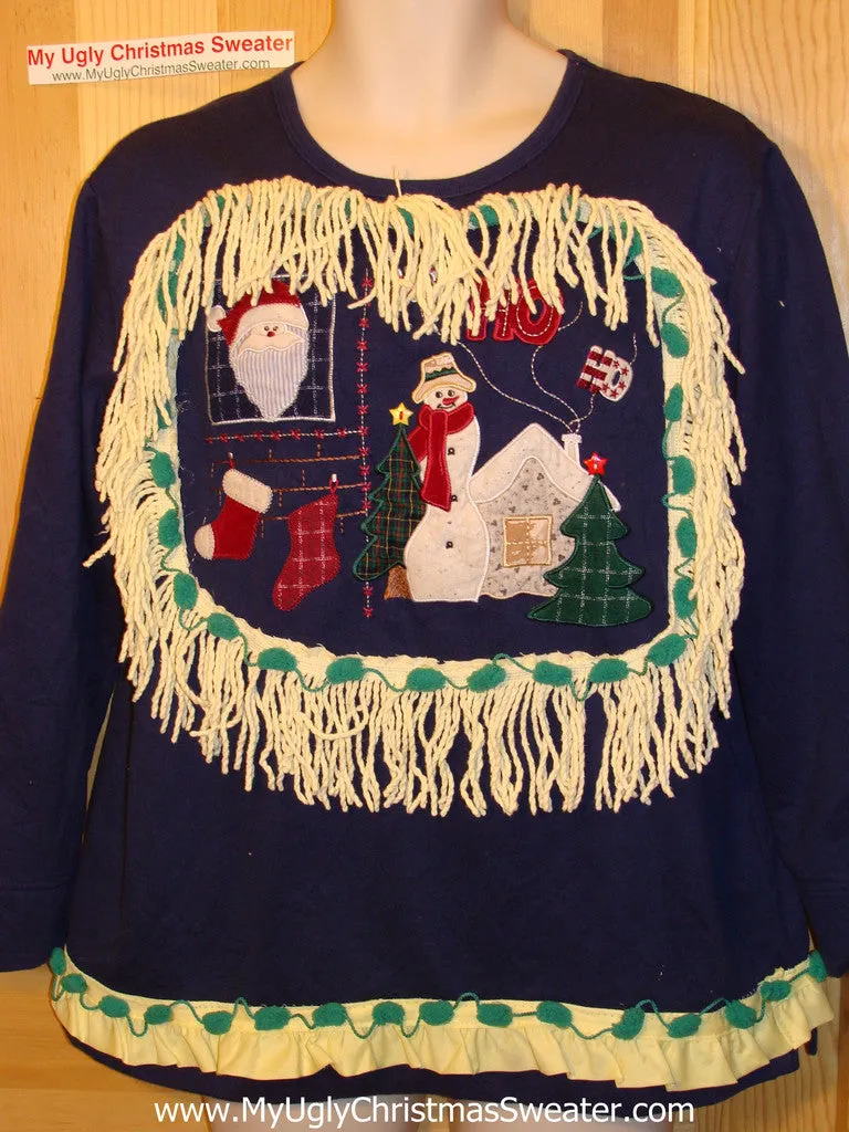 Ugly Christmas Tacky Sweatshirt Santa with Fringe (q40)