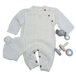 Unisex Baby Clothing Ivory Cable Knit Romper Suit with Pompom Hat