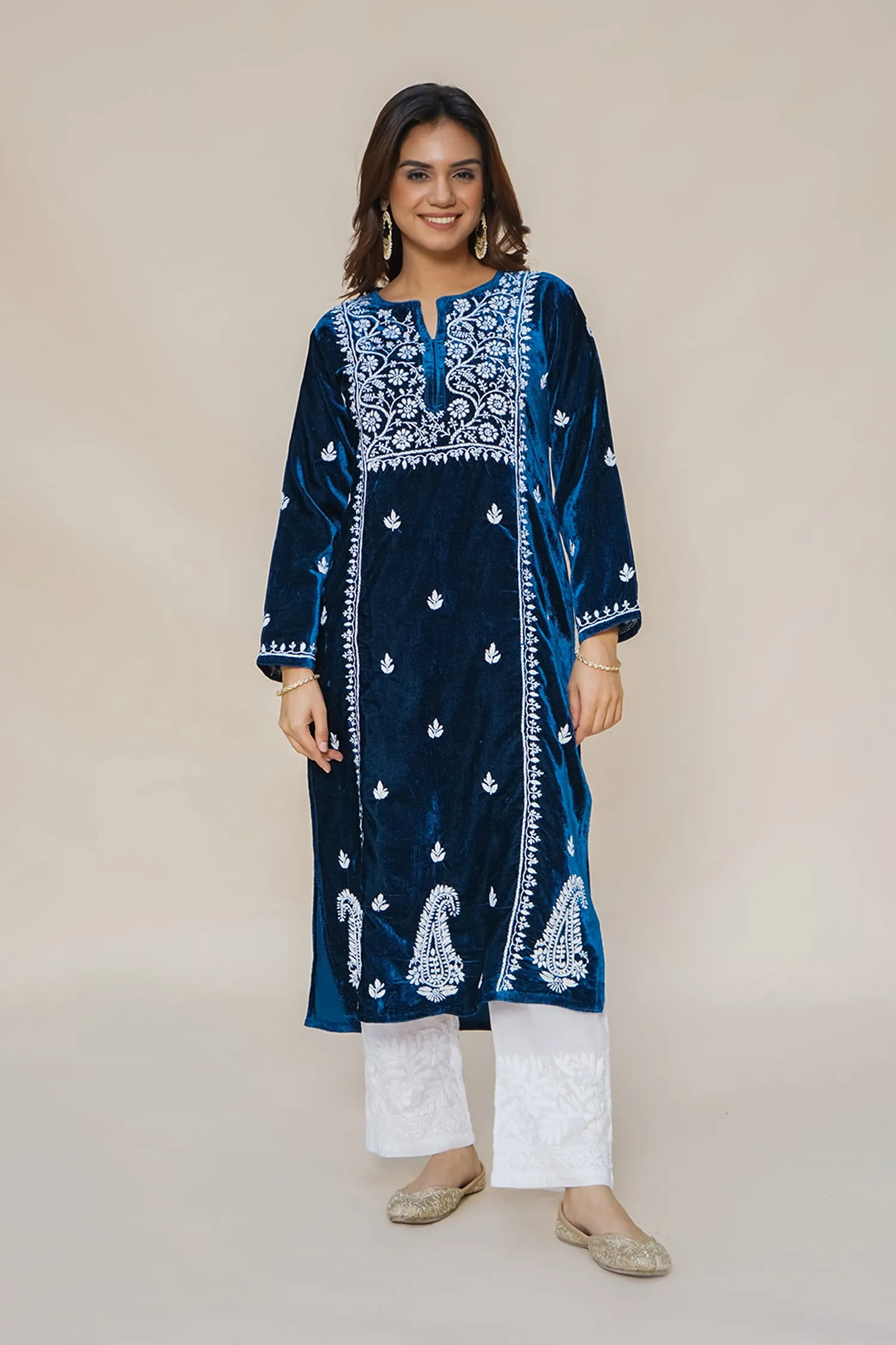 Velvet Chikankari Long Kurta in Blue