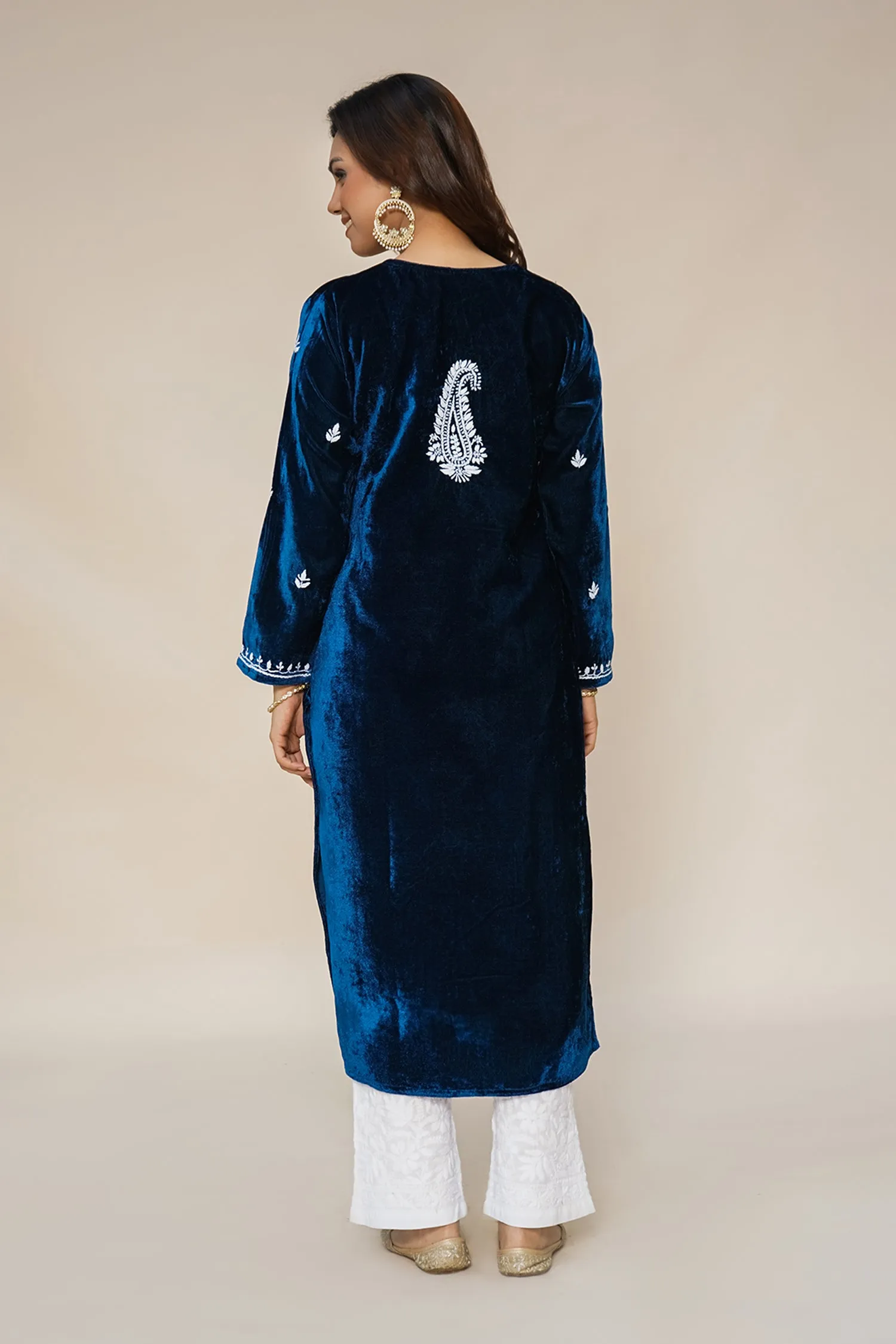 Velvet Chikankari Long Kurta in Blue