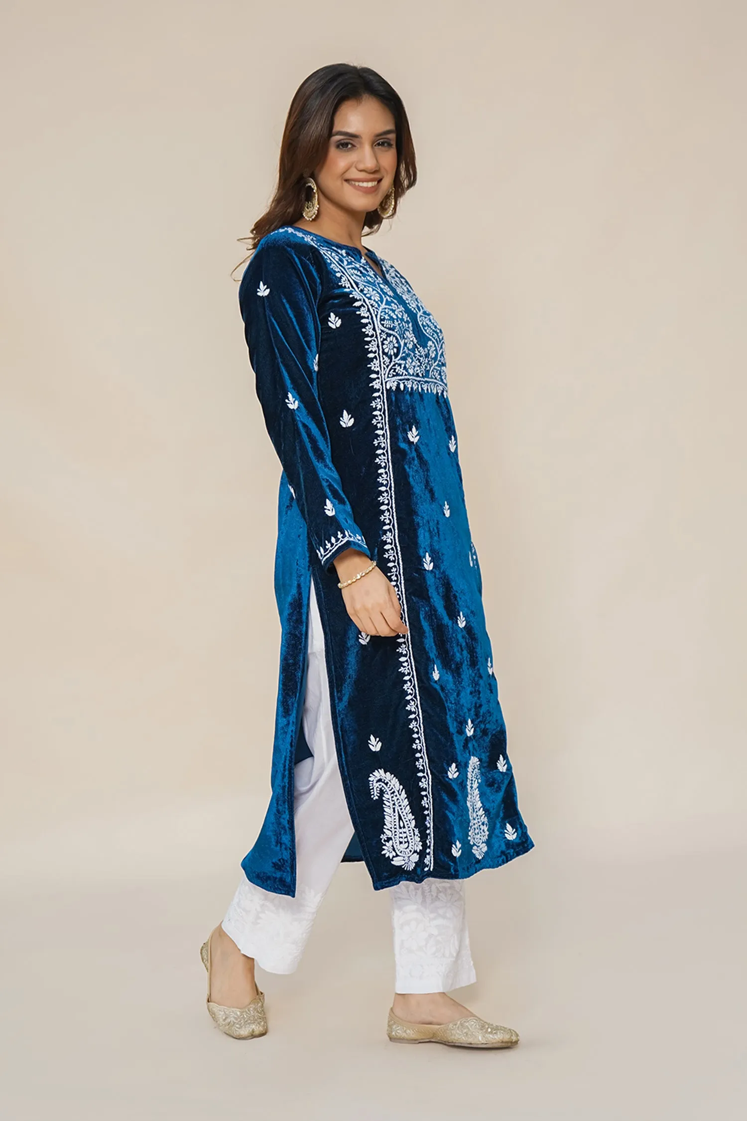 Velvet Chikankari Long Kurta in Blue