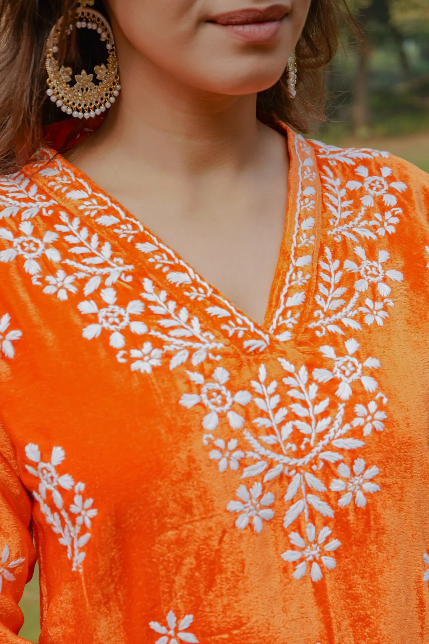 Velvet Chikankari Long Kurta in Orange