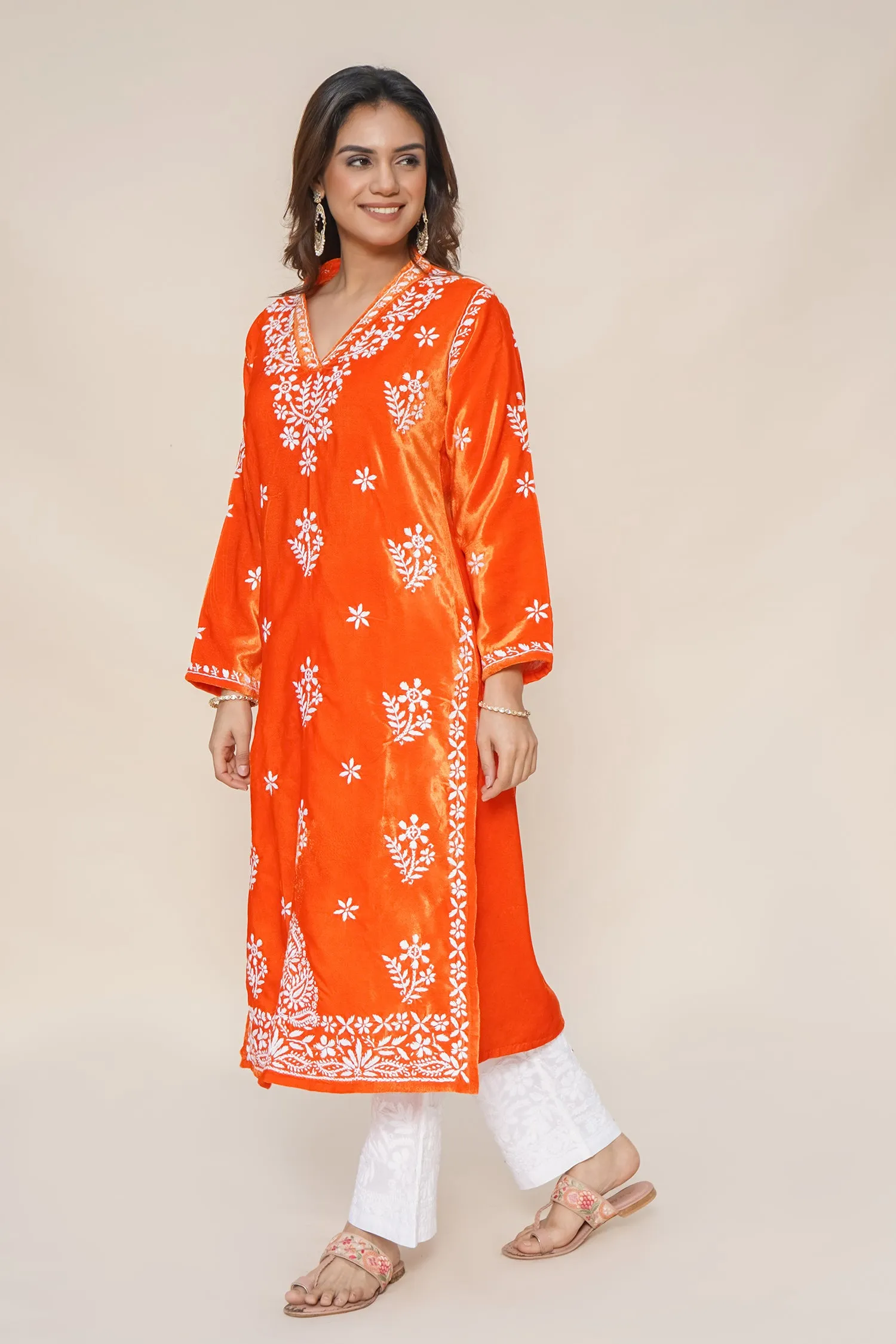 Velvet Chikankari Long Kurta in Orange