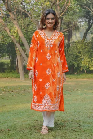 Velvet Chikankari Long Kurta in Orange