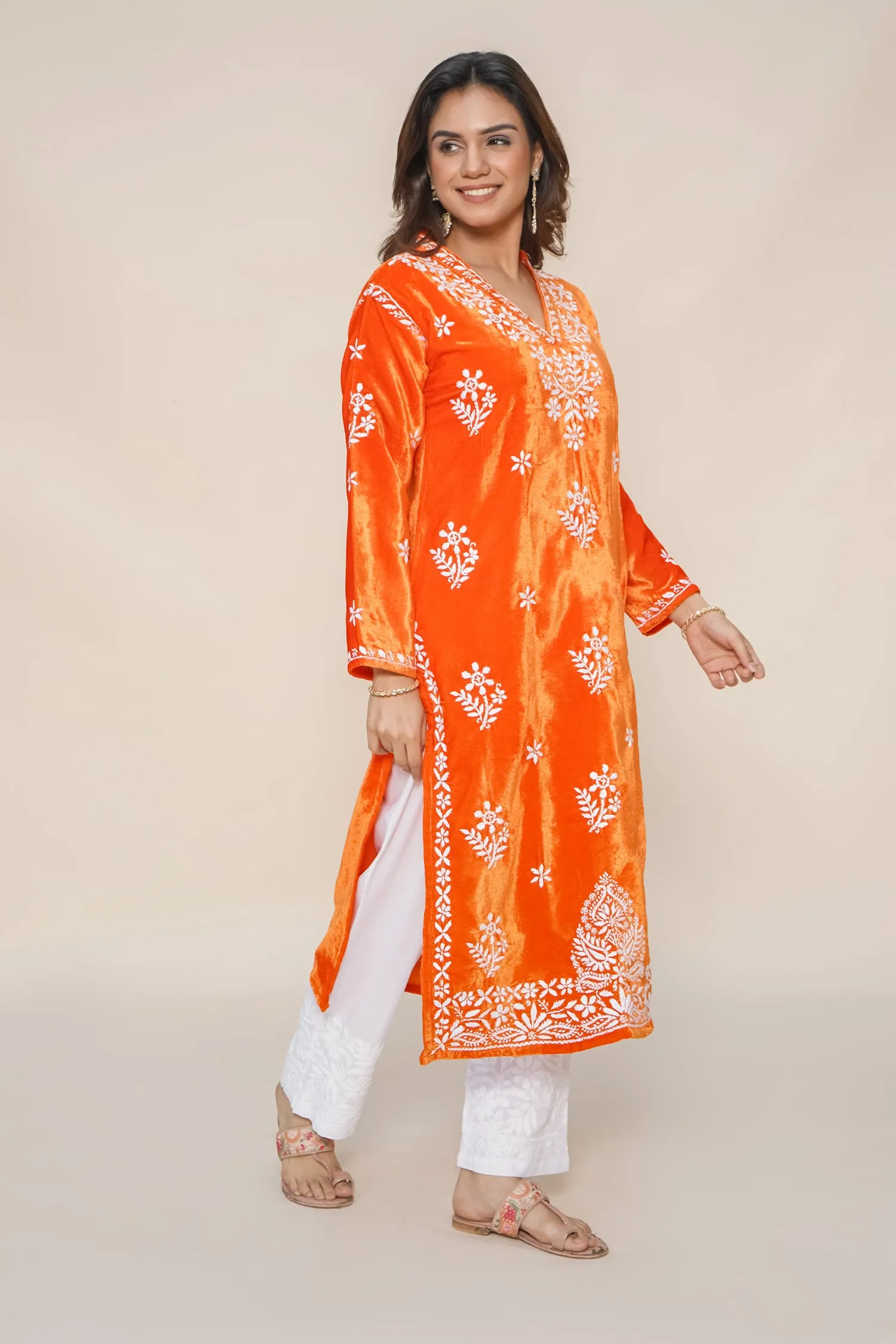 Velvet Chikankari Long Kurta in Orange