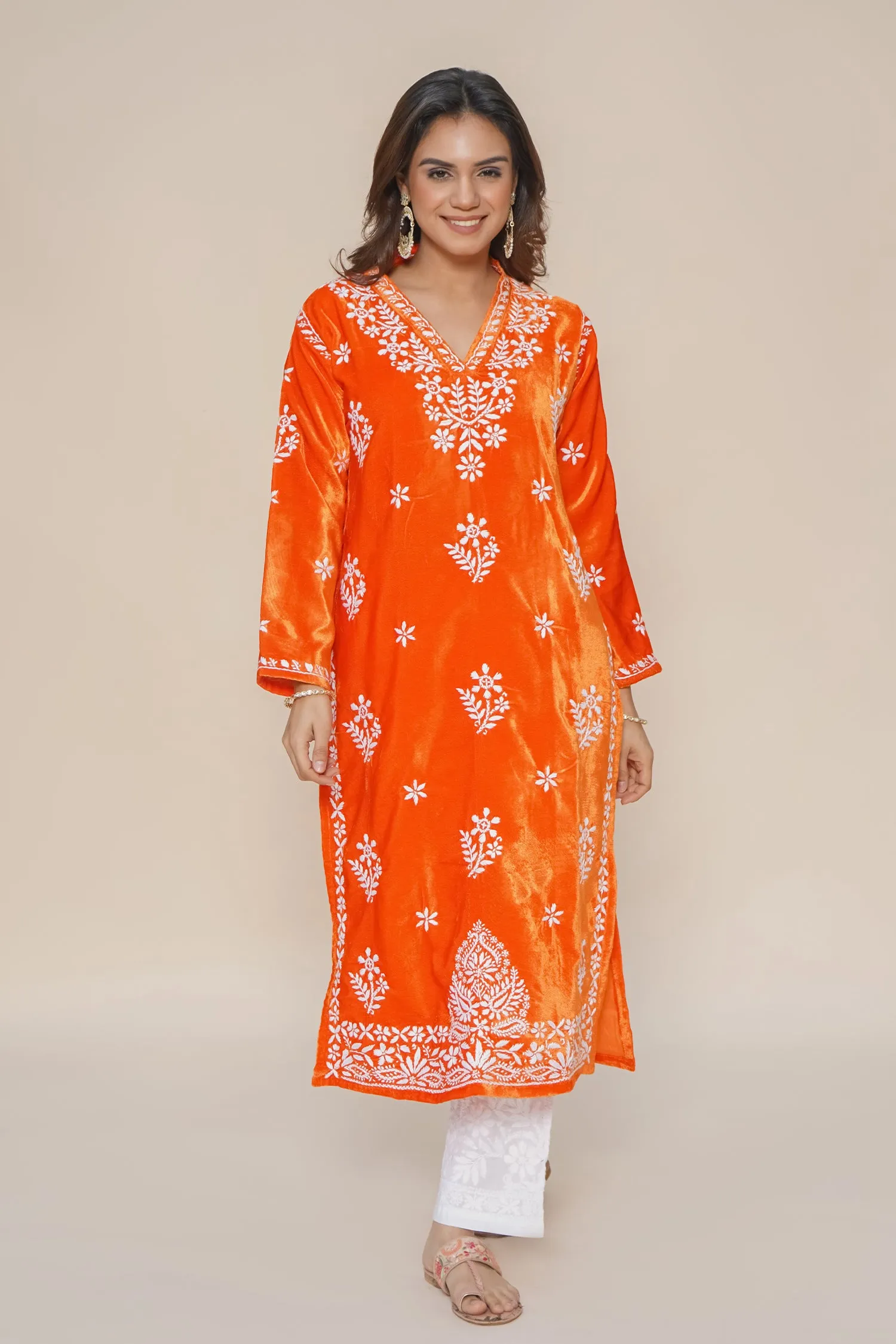 Velvet Chikankari Long Kurta in Orange