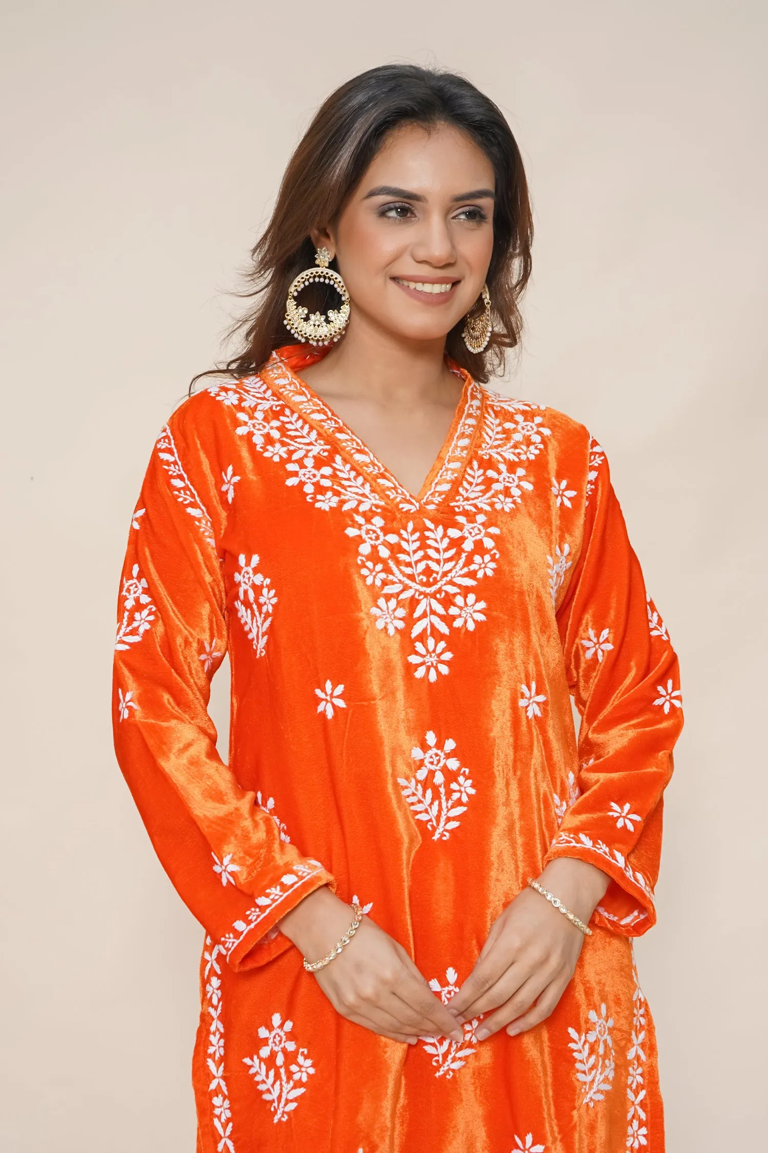 Velvet Chikankari Long Kurta in Orange