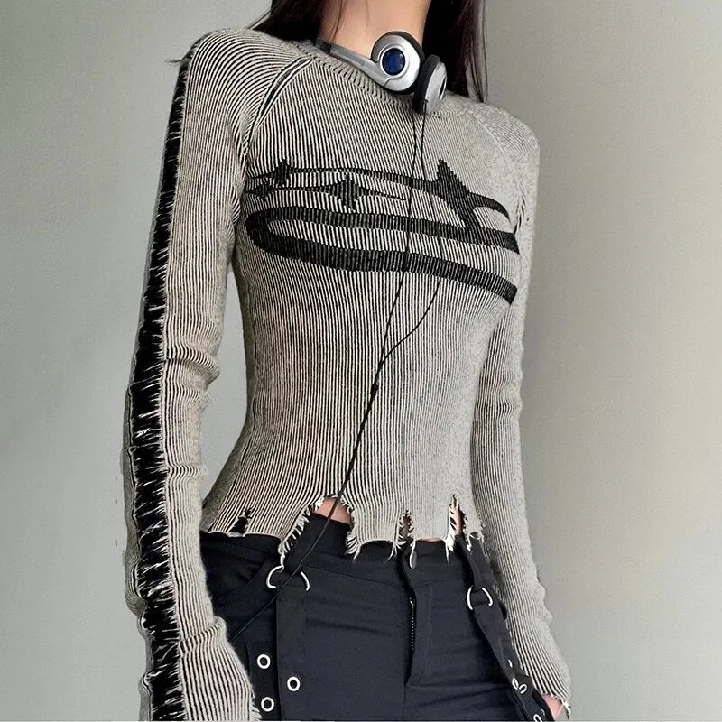 Vintage Grey Ripped Pullover Crop Sweater