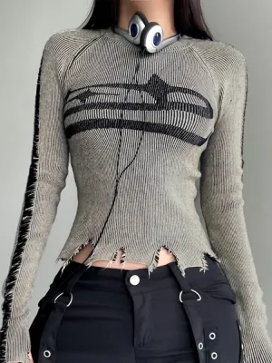 Vintage Grey Ripped Pullover Crop Sweater