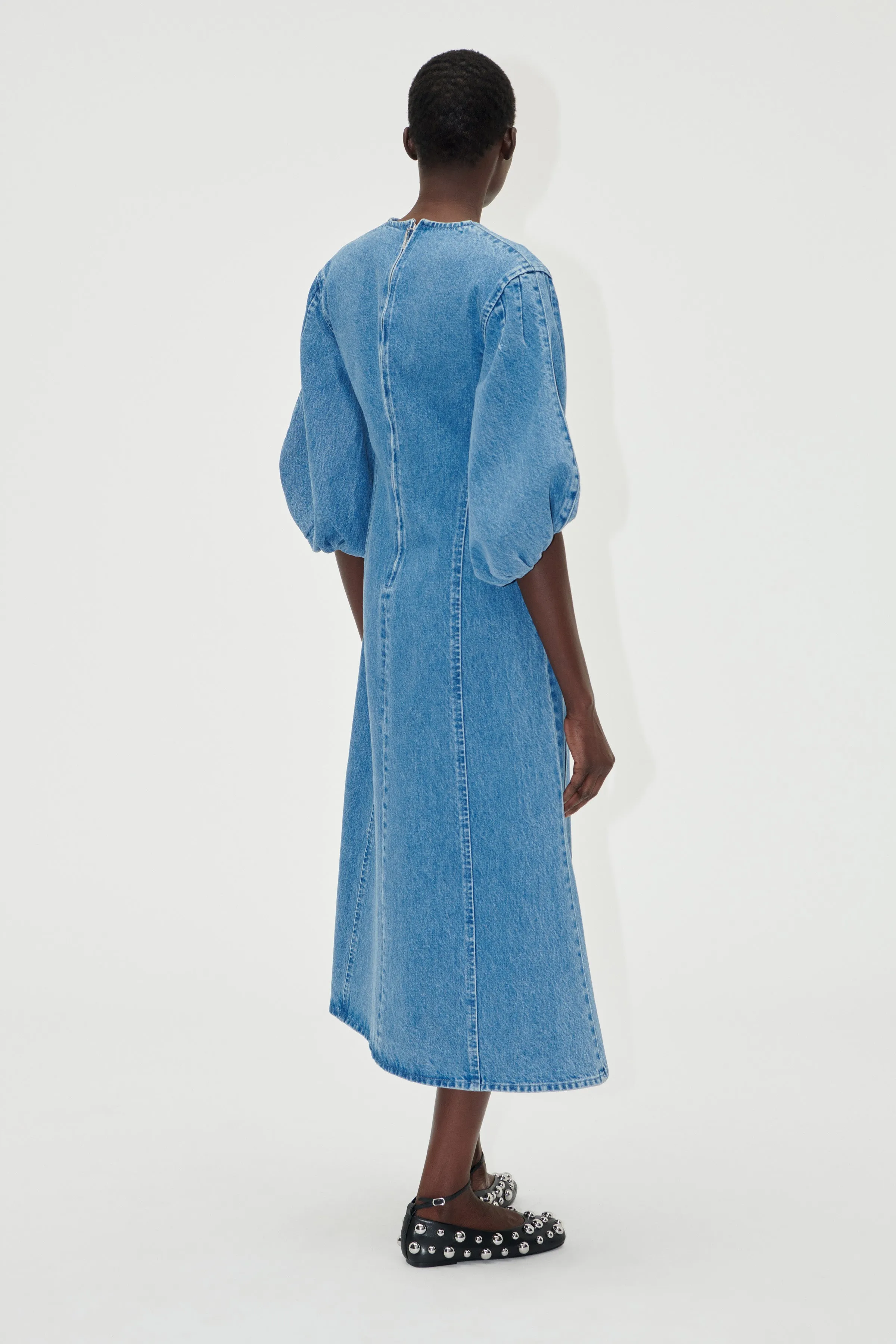 Volume Sleeves Midi Dress - Denim Blue