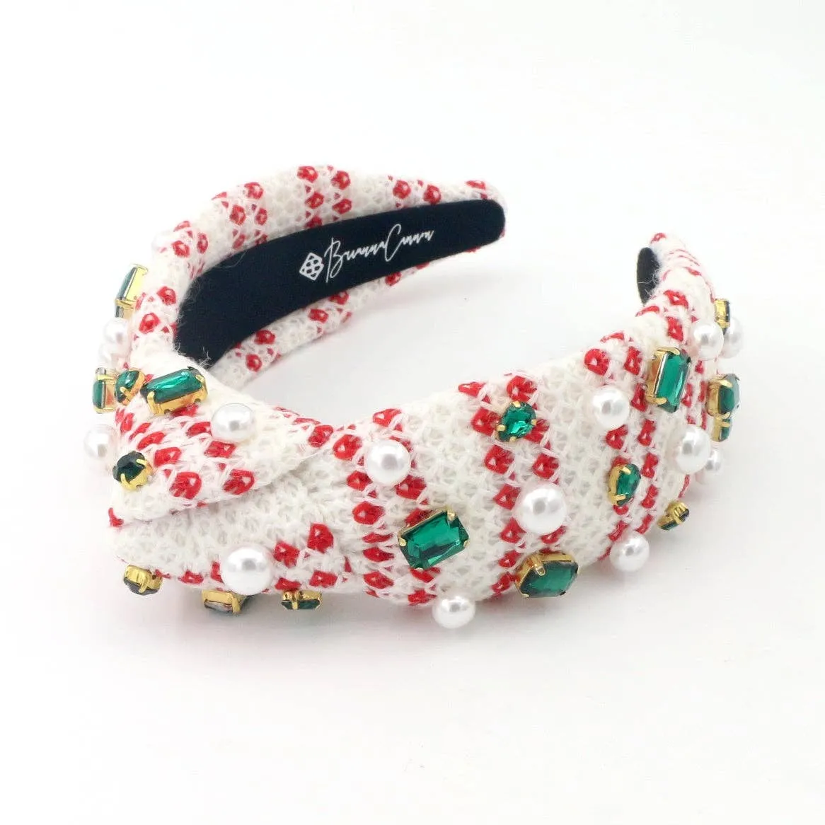 White & Red Knit Winter Headband With Crystals & Pearls