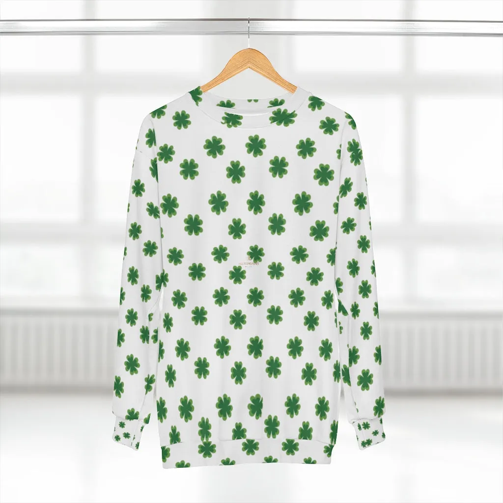 White St. Patty's Day Sweatshirt, St. Patrick's Day Green Clover Print Unisex Sweatshirt Couples Tops Outfit - Made in USA