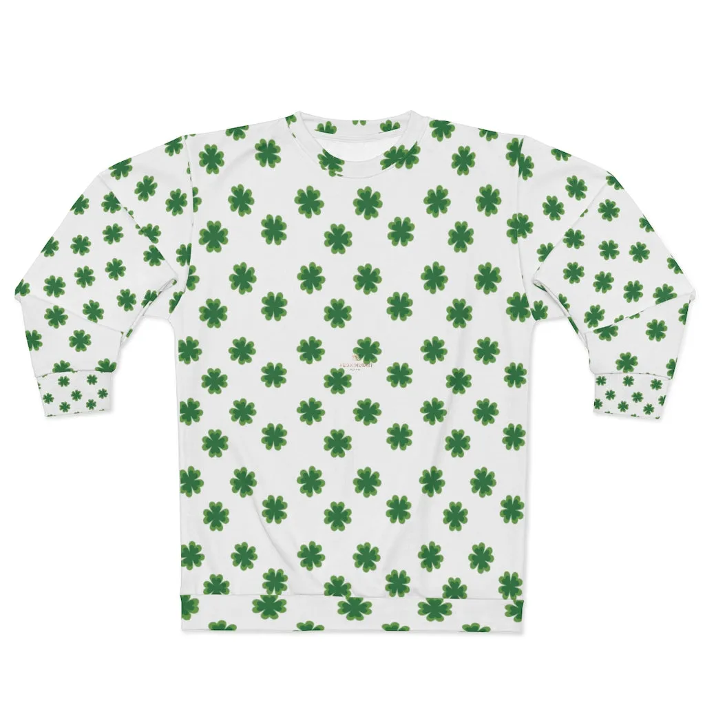 White St. Patty's Day Sweatshirt, St. Patrick's Day Green Clover Print Unisex Sweatshirt Couples Tops Outfit - Made in USA