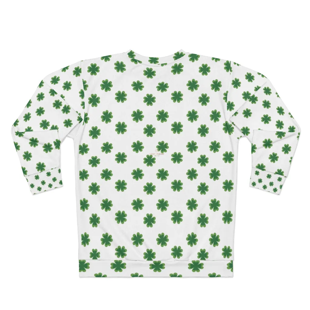 White St. Patty's Day Sweatshirt, St. Patrick's Day Green Clover Print Unisex Sweatshirt Couples Tops Outfit - Made in USA