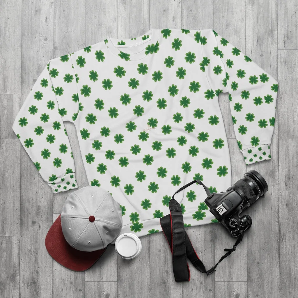 White St. Patty's Day Sweatshirt, St. Patrick's Day Green Clover Print Unisex Sweatshirt Couples Tops Outfit - Made in USA