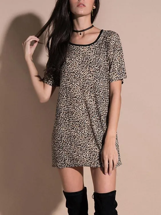 Wholesale Round Neck Short Sleeve Leopard Shirt Dress