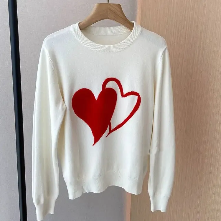 Womens Knitted Sweaters Heart Embroidery Harajuku Casual Pullover Jumpers Streetwear Autumn Y2K Clothes C-235