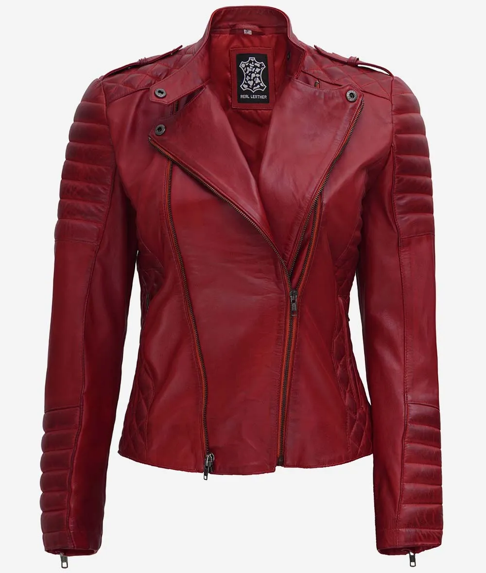 Womens Padded Asymmetrical Red Leather Moto Jacket