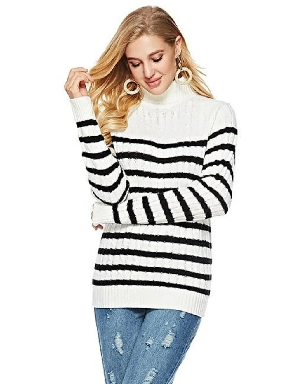 Womens Striped Slim Fit Turtle Neck Sweater