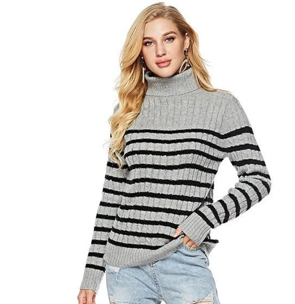 Womens Striped Slim Fit Turtle Neck Sweater