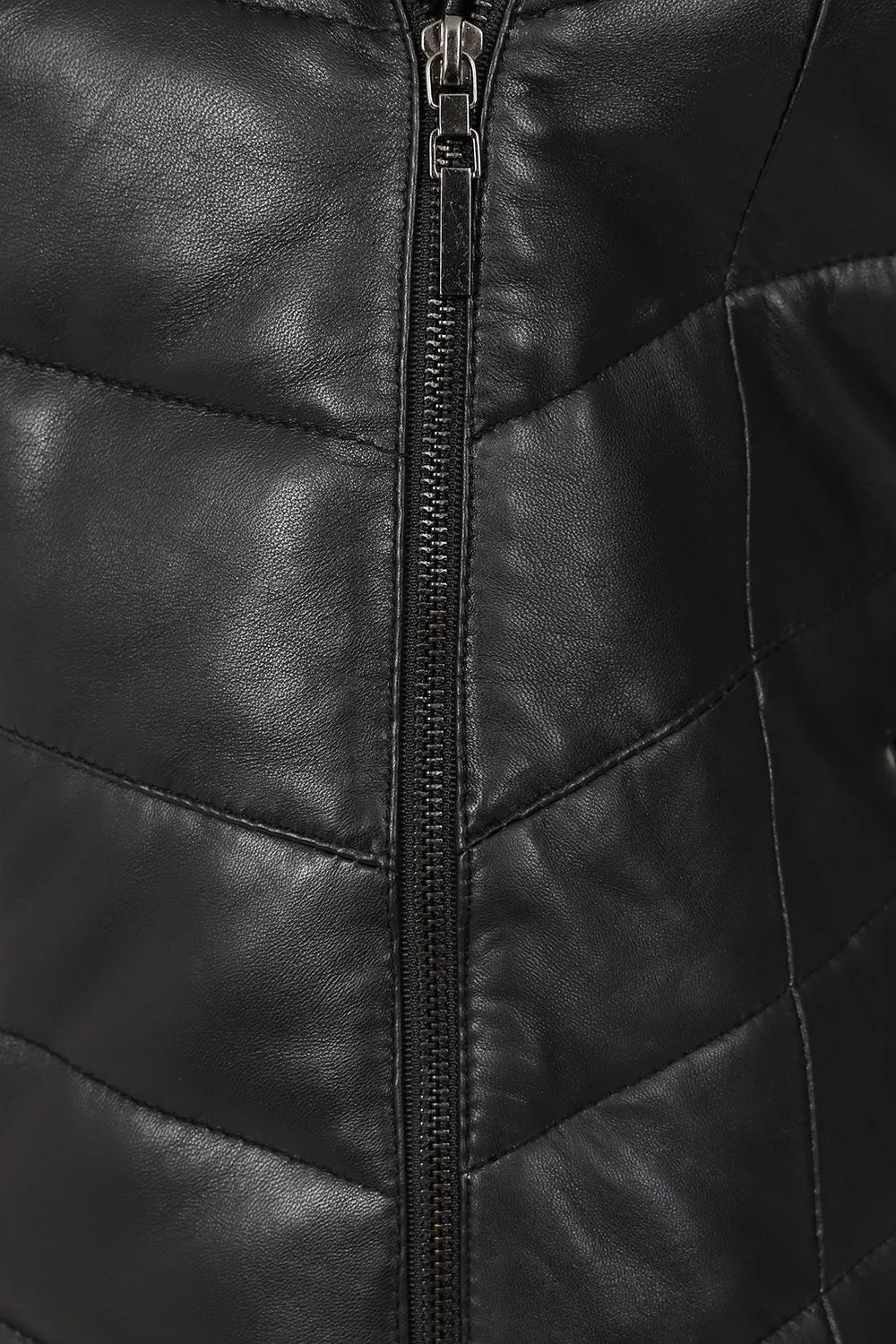 Women's Warm Quilted Genuine Black Leather Coat With Fur Hood - 'AMBER-AKTUS'