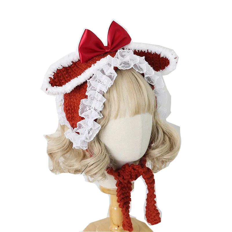 Xiaogui~Kawaii Lolita Bunny Ears Christmas Knit Hat