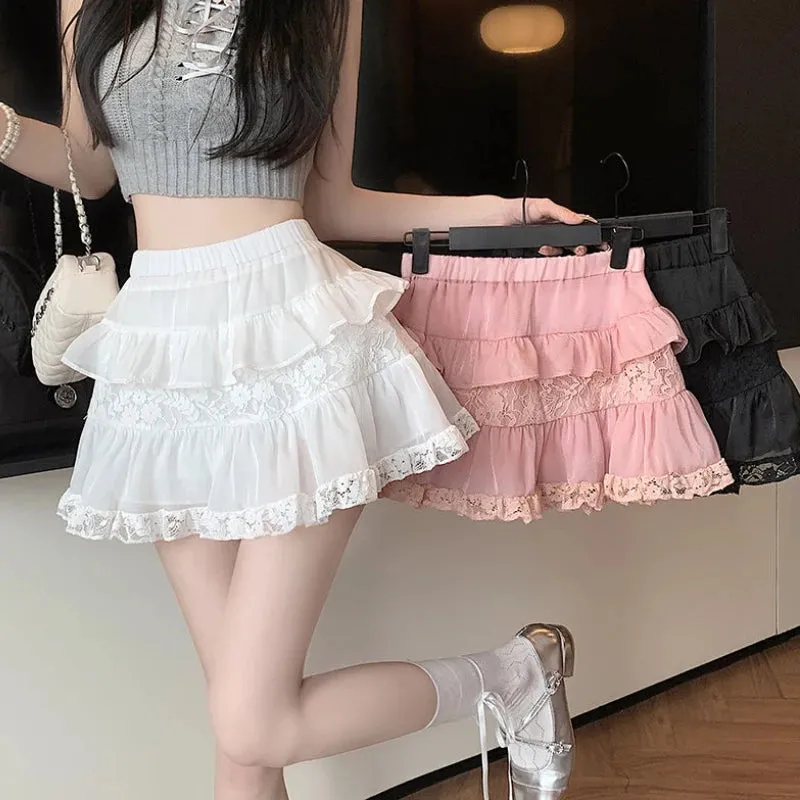 YESMYTOOL  -   Kawaii Mini Skirt Women Lace Ruffle Patchwork Summer High Waist Balletcore A-line Short Skirt Coquette Girl Aesthetic