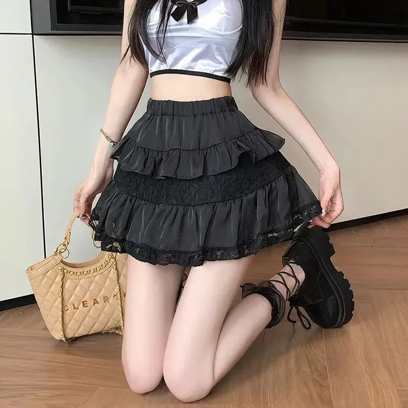 YESMYTOOL  -   Kawaii Mini Skirt Women Lace Ruffle Patchwork Summer High Waist Balletcore A-line Short Skirt Coquette Girl Aesthetic