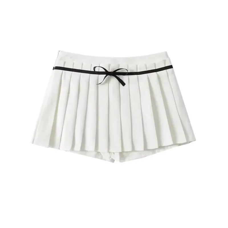 YESMYTOOL  -   Kawaii Pleated Skirt with Shorts Women Korean Preppy Style Bow Patchwork Black White Cute Mini Skirt Summer Gyaru